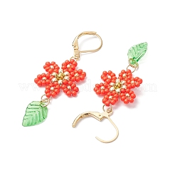 304 Stainless Steel Flower with Leaf Leverback Earrings&nbsp;EJEW-MZ00456