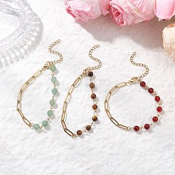 3Pcs Natural Carnelian & Green Aventurine & Tiger Eye Beaded Link Chain Bracelets&nbsp;BJEW-JB12657