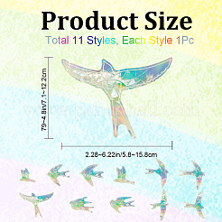 11 個の鳥カラフルなサンキャッチャーレインボープリズム静電ガラスステッカー  防水レーザー PVC ウィンドウ静的デカール  クリアAB  58~158x71~122x0.2mm&nbsp;DIY-WH0409-69H
