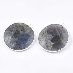 天然石ラブラドライトペンダント  真鍮パーツ  多面カット  フラットラウンド  プラチナ  35~35.5x32~32.5x7mm  穴：1.5mm&nbsp;G-T112-29A