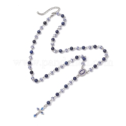 Handmade Blue and White Porcelain and Dyed Natural Lapis Lazuli Round Rosary Bead Necklaces&nbsp;NJEW-JN05750