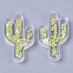 透明なアクリルパーツ  内側にバケツ/スパンコール付き  サボテン  緑黄  48.5x26x6mm  穴：1.8mm&nbsp;TACR-R145-01