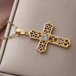 Vintage 304 Stainless Steel Pave Clear Cubic Zirconia Religion Filigree Cross Pendant Necklaces&nbsp;NA2735