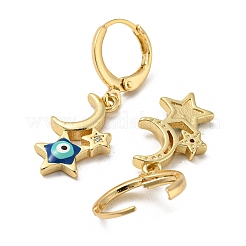本物の18K金メッキ真鍮ダングルフレンチフックピアス  エナメル質とキュービックジルコニア付き  月と星のナザールボンジュウ  ダークブルー  32x11mm&nbsp;EJEW-A033-18G-01