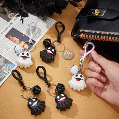 12Pcs 2 Colors Halloween Theme Cute Cartoon PVC Ghost Pendant Keychain with Bell Charm&nbsp;KEYC-CP0001-15
