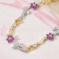 女性用真鍮マイクロパヴェキュービックジルコニアリンクチェーンブレスレット  花  長持ちメッキ  ラックめっき  カドミウムフリー＆鉛フリー  本物の金メッキと本物のプラチナメッキ  フクシア  7.48インチ（19cm）&nbsp;BJEW-C156-04B-01GP