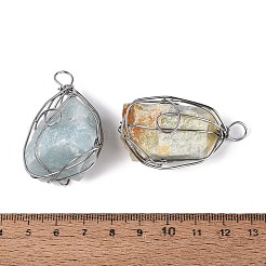未加工の天然アマゾナイトペンダント  ナゲットチャーム  プラチナトーンの鉄線で包まれた  43~49x24~31x22~28mm  穴：5~6x6~7mm&nbsp;G-Q606-47P