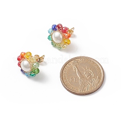 シェル パール & ガラス ビーズ サン スタッド ピアス  女性用304ステンレススチールワイヤーラップジュエリー  カラフル  16mm  ピン：0.8mm&nbsp;EJEW-TA00136