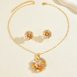 ヴィンテージ真鍮フラワースタッドピアス＆ペンダントネックレスセット（女性用）  18KGP本金メッキ  ネックレス：15.35インチ（39cm）&nbsp;EL3968