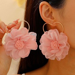 Heart with Flower Alloy Cloth Dangle Stud Earrings&nbsp;FS-WG075D7-02