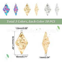 30個 3色 304ステンレススチールペンダント  質感のあるチャーム  菱形  ミックスカラー  32.5x18x1mm  穴：1.6mm  10個/カラー&nbsp;STAS-DC0012-44