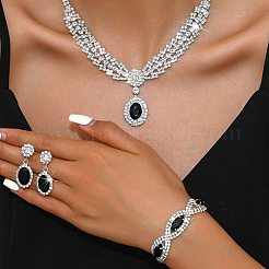 オーバル＆ホースアイ真鍮ラインストーンネックレス＆ブレスレット＆ピアスセット  ジェット  ネックレス：13.39インチ（340mm）；ブレスレット：7.48インチ（190mm）；イヤリング：35x15mm&nbsp;FS-WG182CE-03
