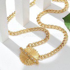 304ステンレススチールクリスタルラインストーンフラットラウンドペンダントツイストチェーンネックレス女性用  ゴールドカラー  18.15インチ（46.1cm）&nbsp;LS-STAS-Z117-11G
