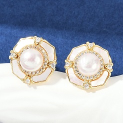 花の真鍮クリアキュービックジルコニアスタッドピアス  シェルと  14KGP本金メッキ  14mm&nbsp;KK-D301-11G