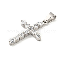 304ステンレススチールキュービックジルコニアペンダント  クロスチャーム  ステンレス鋼色  35x22.5x4.5mm  穴：8.5x5mm&nbsp;STAS-C102-01B-P