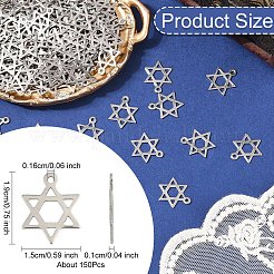 201ステンレススチールペンダント150個  レーザー切断  ダビデの星  ステンレス鋼色  19x15x1mm  穴：1.6mm&nbsp;STAS-YW0003-05