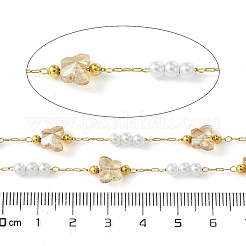 10m イオンプレーティング(IP) 304 ステンレススチール & ABS プラスチックパールビーズ & バタフライガラスリンクチェーン  ハンダ付け  スプールで  18KGP本金メッキ  モカシン  蝶：6.5x7.5x5mm  ビーズ：4x3.5mm  約32.81フィート（10m）/ロール&nbsp;CHS-G035-04G-04