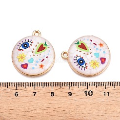 プリントラックメッキ合金エナメルペンダント  ゴールドカラー  フラット ラウンド ウィズ アイ & ハート チャーム  カラフル  28.5x25x4mm  穴：1.8mm&nbsp;ENAM-T020-02C
