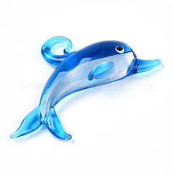 手作りランプワークビッグサイズペンダントトップ  イルカのチャーム  ドジャーブルー  45~47x64~67x9~10mm  穴：6~7x5~6mm&nbsp;LAMP-T023-10B