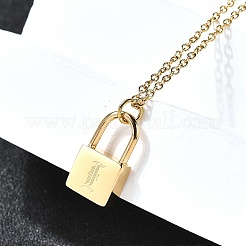 304ステンレススチールローロチェーンペンダントネックレス  女性用・男性用南京錠ネックレス  文字付きロック  文字e  17.64インチ（44.8cm）&nbsp;NJEW-S444-01G-05