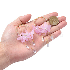 フープピアス  アクリルビーズで  ガラスビーズ  プラスチック模造パール  真鍮製のフープピアスのパーツ、鉄のパーツ、プラスチック製のピアスキャッチ  花  ピンク  85x35mm  ピン：0.7mm&nbsp;EJEW-JE04035-02