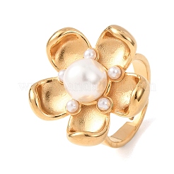 304ステンレススチール製シェルビーズカフオープンリング（女性用）  花  ゴールドカラー  usサイズ9 3/4(19.5mm)  花：28x28mm。&nbsp;RJEW-E301-01E