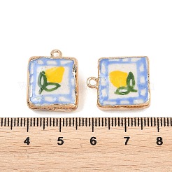 手作りの磁器のペンダント  花柄のチャームが付いた長方形  ゴールドカラー  ミックスカラー  20x15.5~17x7~7.5mm  穴：1.8mm&nbsp;PORC-F015-03