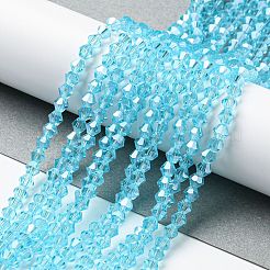 透明電気メッキガラスビーズ連売り  パール光沢メッキ  多面カット  双円錐形  ライトスカイブルー  4x4mm  穴：0.8~1mm  約75~78個/連  28~29cm&nbsp;GLAA-F029-4mm-C20