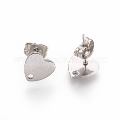 変色しない201ステンレススチールスタッドピアス金具  ループと平板付き  ピアスキャッチ/ピアスバックキャッチ  ハート  ステンレス鋼色  8x8x1mm  穴：1.2mm  ピン：0.8mm&nbsp;STAS-F178-08P