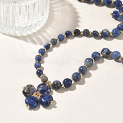 Saint Patrick's Day Natural Sodalite Clover Pendant Round Beaded Necklaces with Brall Heart OT Clasps&nbsp;NJEW-G202-02G-05