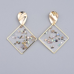 エポキシ樹脂ダングルピアス  真鍮製の耳スタッドパーツとピアスキャッチ付き  菱形  18KGP本金メッキ  透明  57mm  ピン：0.7mm&nbsp;EJEW-JE03436