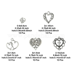 50pcs5スタイルチベットスタイルアロイペンダント  ハート  アンティークシルバー  9~21.5x9~20x1.3~3mm  穴：0.8~2.5x0.8~3mm  10個/スタイル&nbsp;FIND-YW0004-61