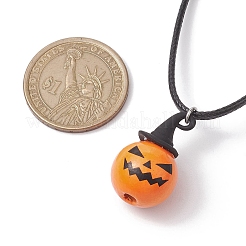 ハロウィーンテーマの木製カボチャペンダントネックレス  合金とワックスロープ付き  オレンジ  17.52インチ（44.5cm）&nbsp;NJEW-JN04847