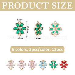 12Pcs 6 Colors Brass Pave Cubic Zirconia and Glass Flower Links Connector Charms&nbsp;KK-FH0008-41