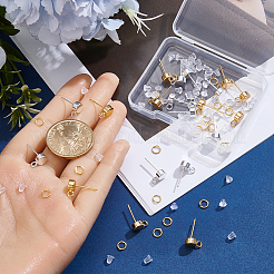 真鍮製スタッドピアスパーツ  丸カンとプラスチック製のイヤーナット付き  カン付き  ゴールデン＆シルバー  9x6~6.5mm  穴：1.8~2mm  ピン：0.8mm&nbsp;KK-CN0003-43