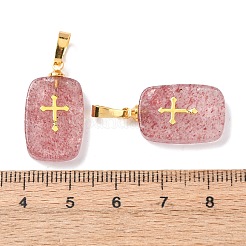 天然石ミックスストーンペンダント  真鍮製の金具と304ステンレススチール製のカボションを使用  ゴールドカラー  十字模様のチャーム付き長方形  23~23.5x13~13.5x3.5~4mm  穴：7.5x4mm&nbsp;G-G461-06G