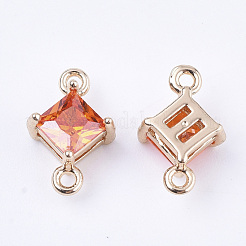 透明ガラスリンクコネクター  真鍮パーツ  多面カット  菱形  ライトゴールド  トマト  11x7x4mm  穴：1mm  辺の長さ：5mm&nbsp;GLAA-T007-14E