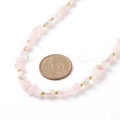 Natural Rose Quartz Chips & Pearl Beaded Necklace&nbsp;NJEW-JN04008-01