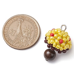 シードビーズと天然タイガーアイビーズチャーム  キノコペンダント  鉄ループ付き  きいろ  27x18x18mm  穴：3mm&nbsp;PALLOY-MZ00333-03