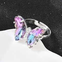 真鍮製指輪  ガラスと  蝶  長持ちメッキ  ラックめっき  銀  3mm  usサイズ6 1/2(16.9mm)&nbsp;KK-H257-13S