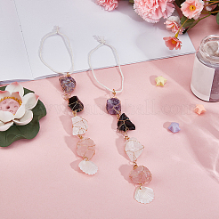 2Pcs Raw Natural Rose Quartz & Purple Fluorite & Obsidian & Quartz Crystal Nuggets Copper Wire Wrapped Hanging Ornaments with Shell&nbsp;HJEW-DR00227