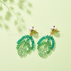 Glass Beaded Leaf Long Dangle Stud Earring&nbsp;EJEW-TA00134
