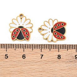 304ステンレススチールエナメルペンダント  花のチャームが付いたてんとう虫  イオンプレーティング（ip）  ゴールドカラー  17x14x1.5mm  穴：1.5mm&nbsp;SA-CBAA937-07G