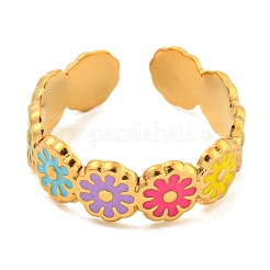 Daisy 304 Stainless Steel Enamel Open Cuff Ring for Women&nbsp;RJEW-Z041-02G-01