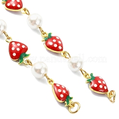 White Round Shell Pearl Brass Enamel Red Strawberry Link Chain Bracelet Making&nbsp;AJEW-JB01631