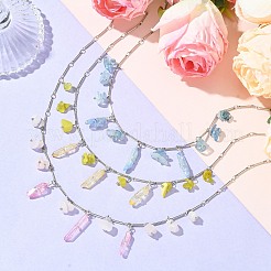 3Pcs 3 Styles Natural Rose Quartz & Natural Olive Jade & Natural Aquamarine Chip Bib Pendant Necklaces&nbsp;NJEW-TA00167