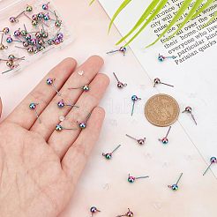 レインボーカラーのステンレススチールスタッドピアス金具50個  丸玉スタッドピアスポスト  50個のプラスチック製イヤーナット付き  16x8x5mm  穴：1.5mm  ピン：0.6mm&nbsp;STAS-UN0037-07B