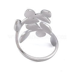 女性用304ステンレススチールオープンカフリング  ラインストーン付き  葉  ステンレス鋼色  内径：17.5mm&nbsp;RJEW-F166-12P-01