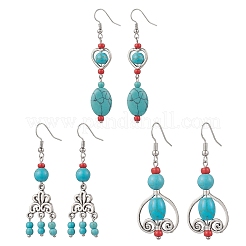 3 Pairs Tibetan Style Alloy Synthetic Turquoise Dangle Earrings&nbsp;EJEW-JE06575