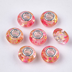 レジンヨーロピアンビーズ  大穴ビーズ  シルバーカラーメッキ真鍮コア付き  ロンデル  ミックスカラー  14x8.5~9mm  穴：5mm&nbsp;RPDL-S013-09